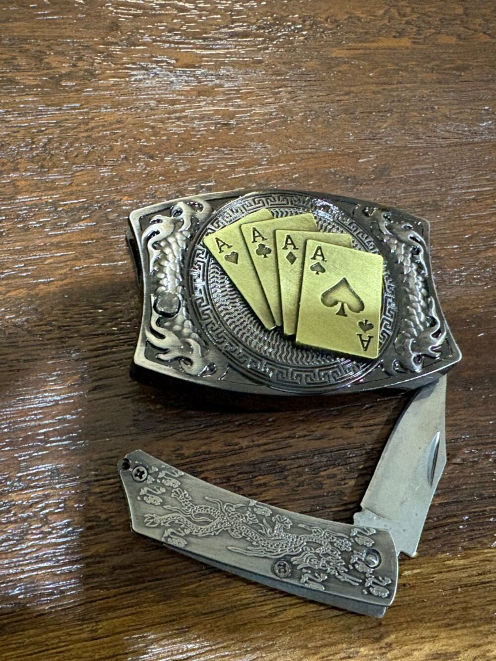 4 Aces Western Card Game Belt Buckle Hidden Pocket Knife